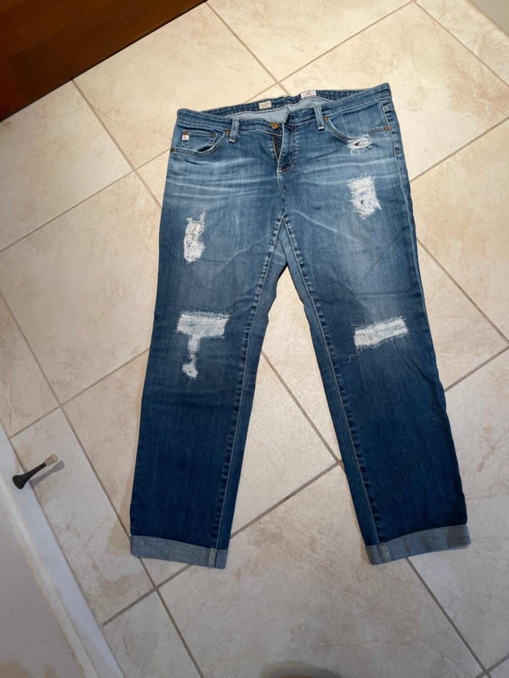 Ag Adriano Goldschmied Women's Distressed Blue Boyfriend Jeans